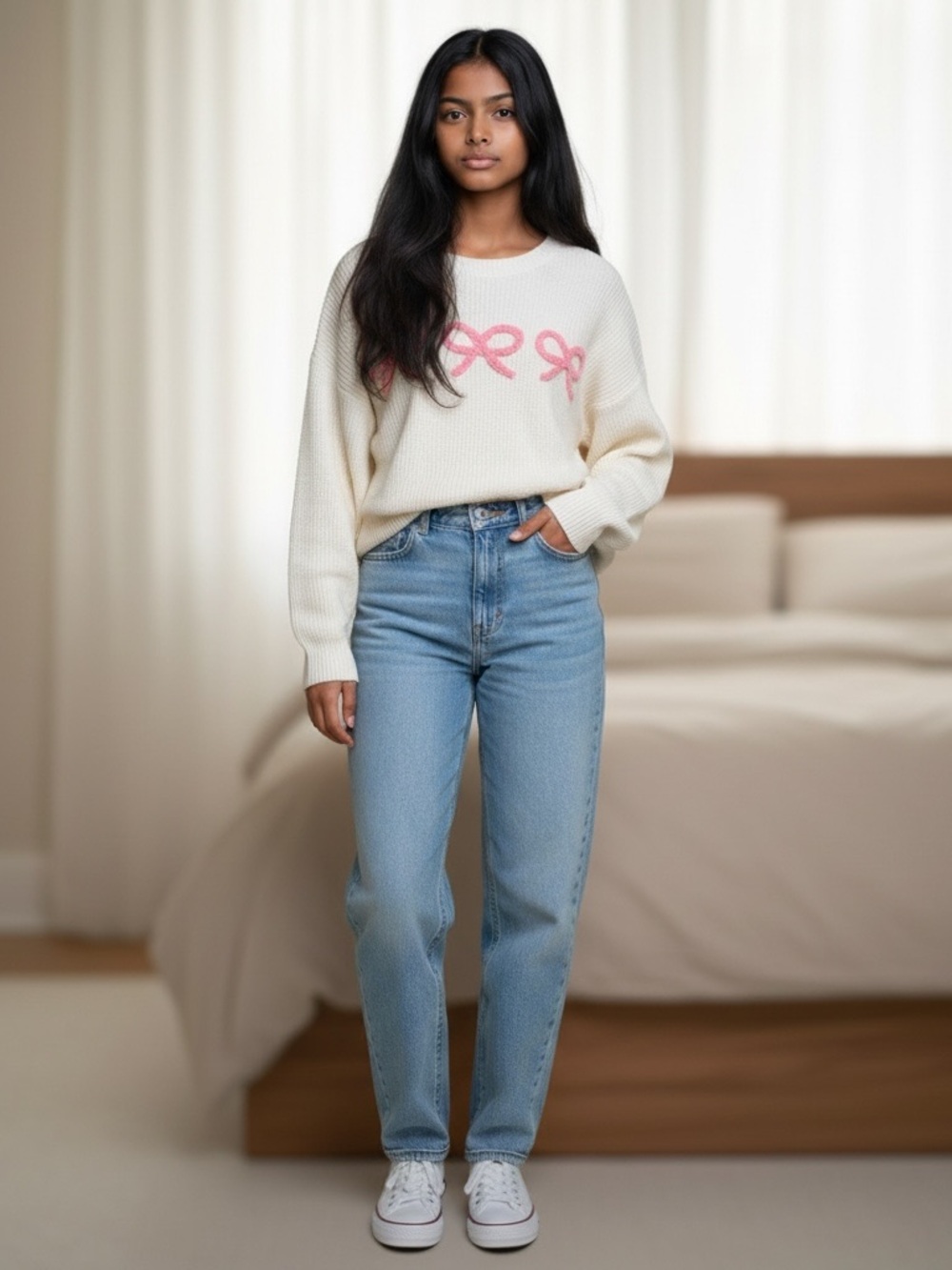 Women’s Cream Crewneck Sweater with Pink Bow Detail